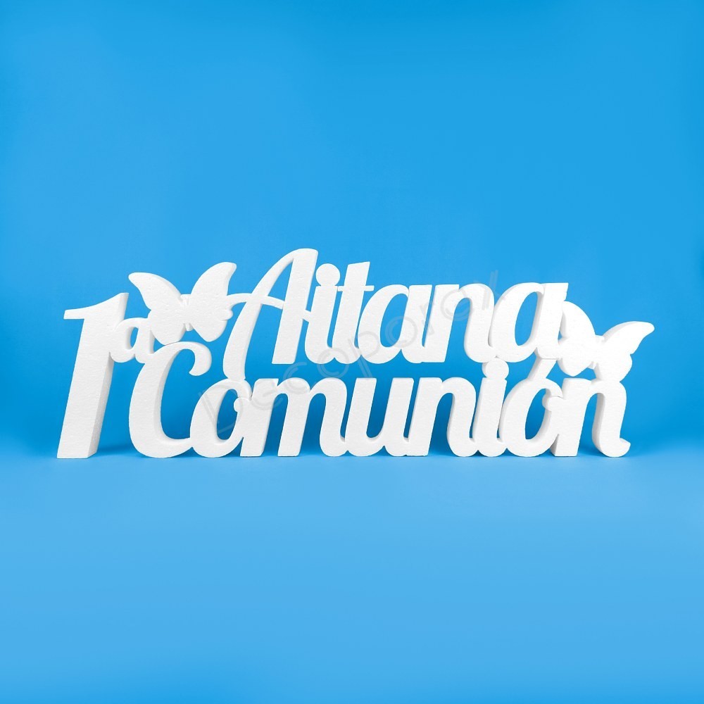 1ª Comunión nombre personalizado poliestireno mariposas